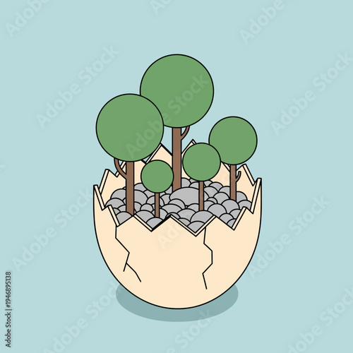 An artistic illustration of a cracked eggshell with trees and rocks inside, on a blue background.