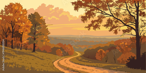 USA, US, U.S, United States - Natchez Trace Parkway Forest Road Sunrise Panorama – Autumn Foliage Landscape in the USA, United States, U.S., US
