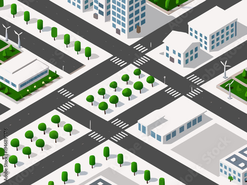 Isometric city view with roads buildings trees and wind turbines
