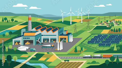 Illustration of a factory manufacturing wind turbine parts, powered by solar panels in a sustainable, green energy ecosystem.