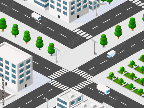 Isometric illustration of a city intersection with buildings and vehicles