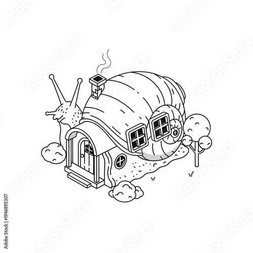 Black and white illustration of a snail's shell transformed into a cozy home.