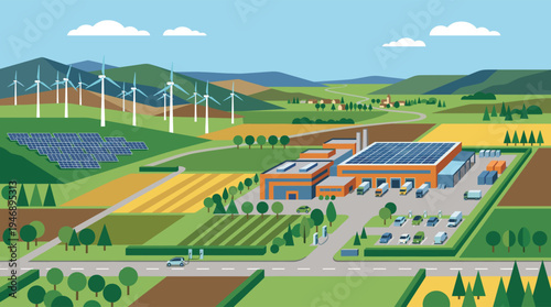 A vector illustration of a sustainable factory using renewable solar and wind energy, with electric trucks and cars charging in a green rural landscape.