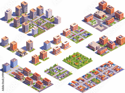 Isometric city blocks and residential buildings in a colorful geometric design