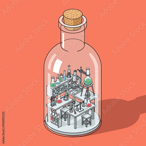 Isometric illustration of a laboratory setup contained within a glass bottle, corked.
