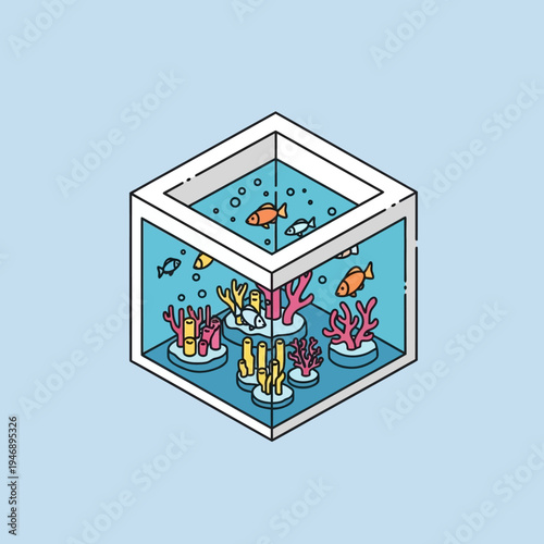 Isometric illustration of a cube-shaped aquarium with various coral and fish inside.