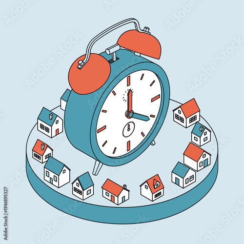An illustration depicting a clock surrounded by miniature houses, symbolizing time and real estate.