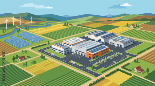 An isometric illustration of a modern, eco-friendly factory using solar panels and wind turbines for renewable energy, set in a peaceful rural landscape with fields and hills.