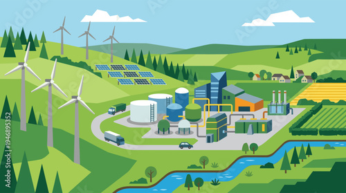 A modern biofuel plant is powered by renewable energy from wind turbines and solar panels, illustrating a sustainable industrial concept in a clean, green countryside.