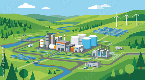 Illustration of a modern industrial complex powered by solar panels and wind turbines, symbolizing sustainable development and green technology in a lush valley.