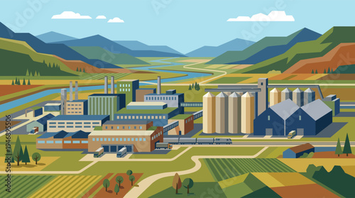 An industrial factory with silos and transport logistics sits in a rural valley surrounded by mountains, a river, and agricultural fields in a flat vector style.