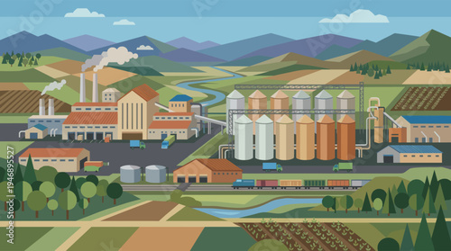 Flat illustration of an industrial agribusiness plant with grain silos, trucks, and a train operating in a rural valley with farm fields.
