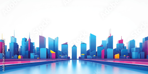 Abstract 3D vector illustration of a modern city skyline featuring blue business skyscrapers and urban architecture silhouettes in a panoramic downtown metropolis landscape design