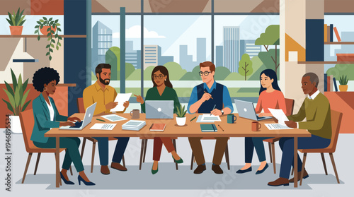 A diverse team of professional colleagues collaborates during a business meeting in a modern office with a city view.