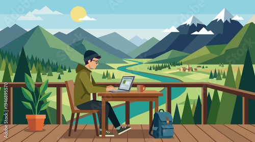 Young digital nomad working on a laptop from a serene balcony, enjoying the beautiful view of a mountain valley with a river, achieving perfect work-life balance.