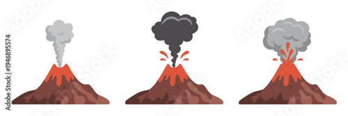 Volcano eruption steps illustration, showcasing sequential stages of volcanic eruptions in vector format for geology, science education, and earth science graphics.