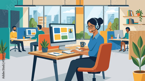 A smiling female customer service agent with a headset works on her computer in a bright, modern, and diverse corporate office.