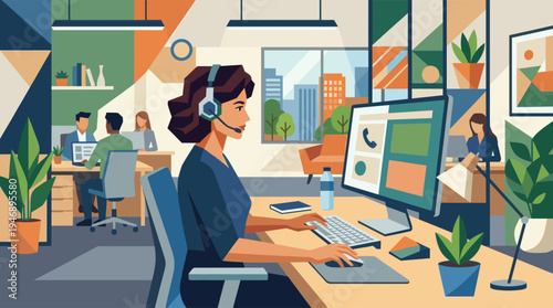 A focused female customer service representative with a headset works at her computer in a busy, modern call center office.