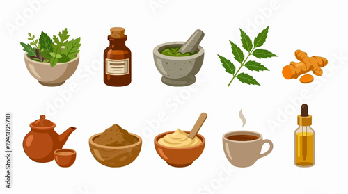 Traditional Ayurveda Herbal Remedies Ingredients and Tools Set