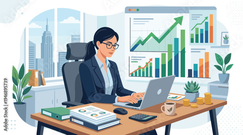 A professional businesswoman in a suit and glasses works on her laptop, analyzing financial data and growth charts in a modern city office.