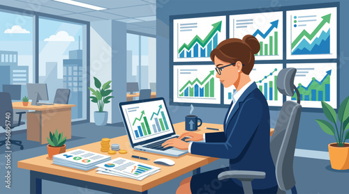 A focused businesswoman in a blue suit works at her desk in a modern office, analyzing financial data and growth charts on her laptop and multiple screens.