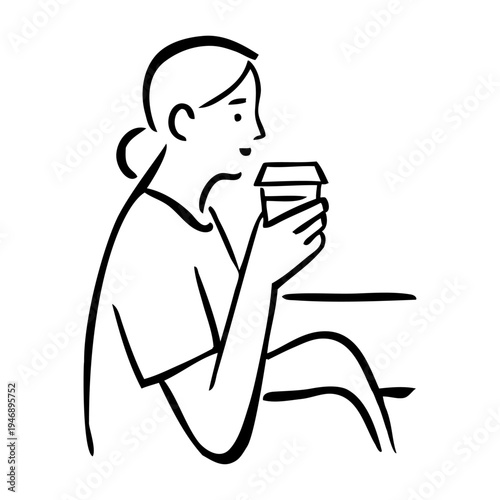 Dibujo sencillo con líneas de una mujer sentada con ropa informal sujetando un vaso de papel con café con la mano 