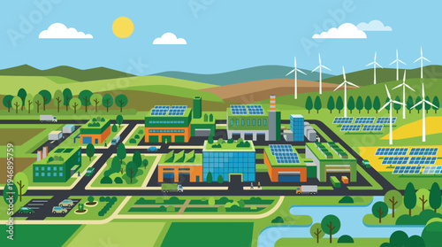 A vibrant illustration of a sustainable green city utilizing solar panels on buildings and ground arrays, alongside wind turbines for clean, renewable energy, promoting an eco-friendly future.