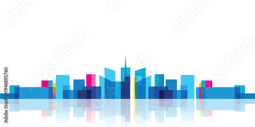 A 3d vector illustration of a business bar chart and finance graph with an arrow rising over a blue city skyline silhouette and urban architecture skyscraper buildings
