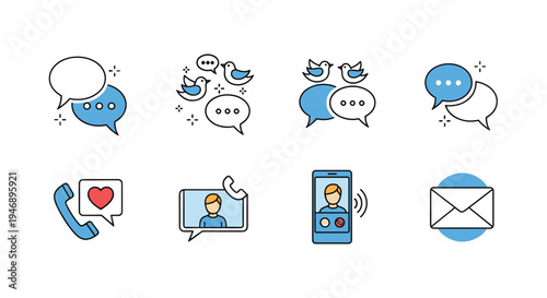 Professional icon set for digital communication featuring speech bubbles, social media birds, phone calls, video chats, and email messages.