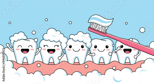 Educational children's illustration showing a row of happy white teeth being brushed with pink toothpaste and foamy white bubbles.