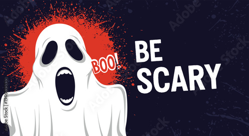 Spooky Halloween banner featuring a screaming white ghost with an open mouth and red paint splatter on a dark textured background.