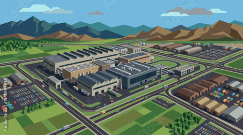 This isometric flat design illustration showcases a bustling industrial factory complex and logistics hub, featuring solar panels, roads, and vehicles, set against a serene mountain valley under.