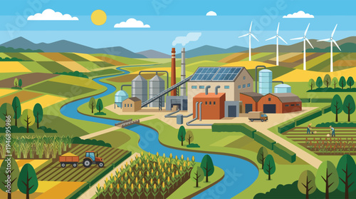 An illustration depicts a modern industrial plant with solar panels and wind turbines, integrated with lush farmlands, a river, and farmers, symbolizing sustainable agriculture.