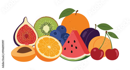 Vibrant and healthy assortment of sliced and whole fresh fruits including watermelon, orange, kiwi, figs, cherries, plums, and blueberries.