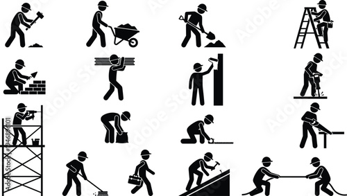 Construction worker silhouette icon set, builders working tools, industrial labor symbols, construction site activities, engineering workforce pictogram collection, isolated vector style