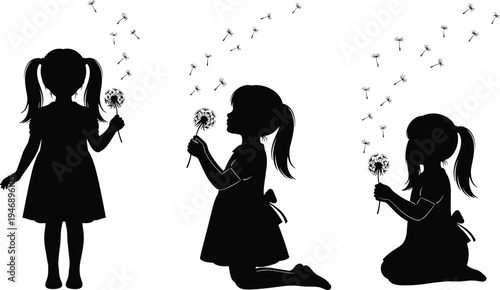 girl, silhouette, blowing, dandelion, child, childhood, wish, nature, flower, seeds, innocence, playful, kids, spring, breeze, outdoor, black, shadow, illustration, design - flat vector illustration