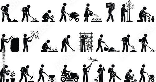 Gardening and landscaping worker silhouette icon set, people planting trees, watering plants and lawn care activities, garden maintenance pictograms
