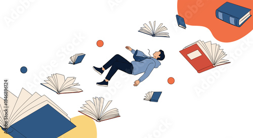 Surreal illustration of a young man floating in an abstract space surrounded by many open books flying like birds on a white background.