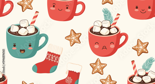 Cozy seamless winter pattern featuring cute hot chocolate mugs with marshmallows, gingerbread stars, and Christmas stockings.