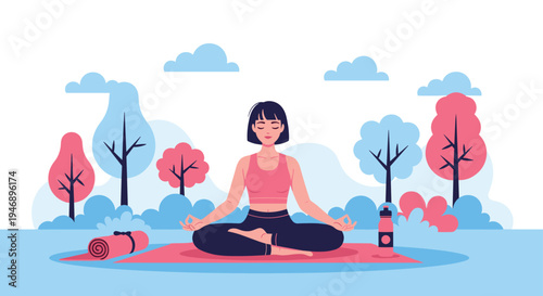 Peaceful illustration of a young woman meditating in a lotus pose during an outdoor yoga session in a stylized colorful forest park.