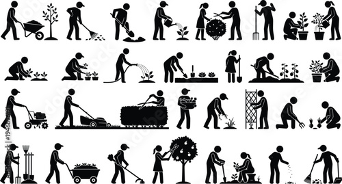 Gardening worker silhouette icon set, people planting trees and watering plants, garden maintenance activities, landscaping workforce pictogram collection