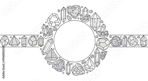 Elegant circular frame design composed of various faceted crystals, minerals, and gemstones in a grayscale line art style.