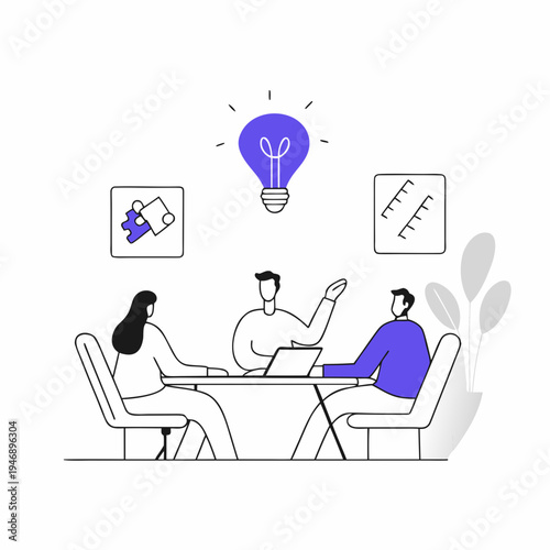 A team of three people sitting around a meeting table collaborating on a new creative project idea
