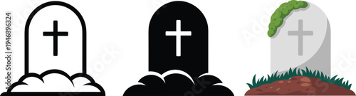 Gravestone icon set with outline, solid and flat styles, cemetery tombstone symbol collection for Halloween, memorial, graveyard design illustration