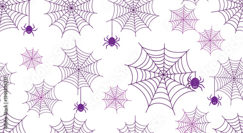 Spooky seamless Halloween pattern featuring small purple spiders hanging from their intricate webs on a clean white background.