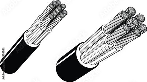 Detailed illustration of multi-conductor electrical cables with stranded wires, insulation sleeves, and protective sheath for engineering and technology use