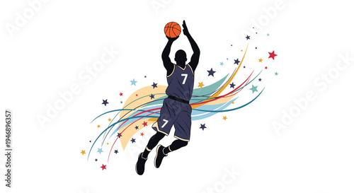 Silhouette of a basketball player in a dark uniform jumping high to shoot the ball against a colorful background with stars and swirls.