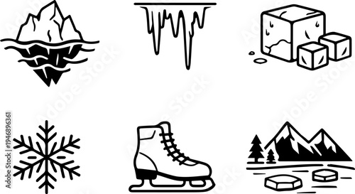 Winter ice snow glacier and cold weather line icons