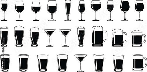Drinkware silhouette illustrations featuring wine glasses, champagne flutes, martini glasses, beer mugs, pint glasses, and cocktail designs for hospitality