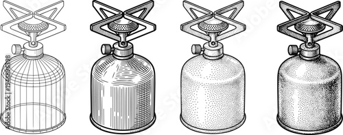 Portable camping gas stove vector illustration set with vintage engraving style